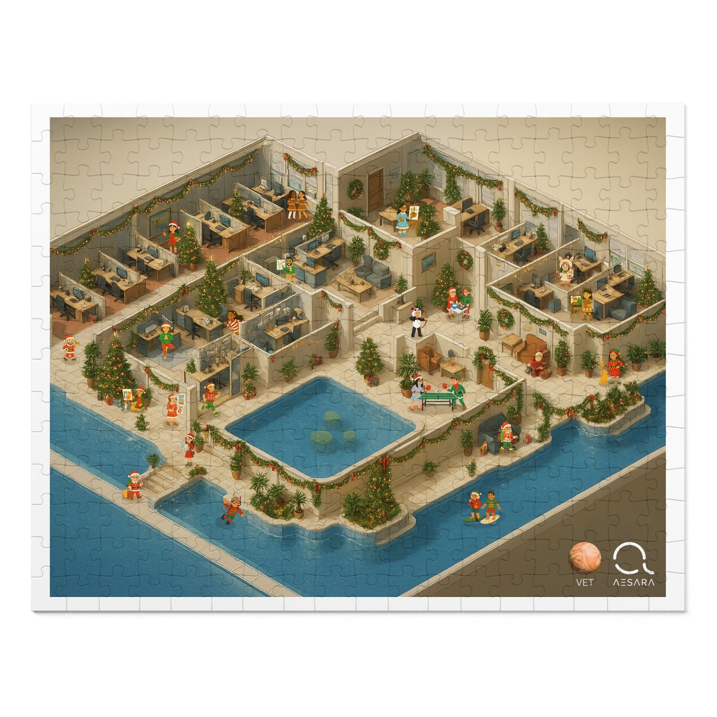 AESARA x VET Holiday Office Puzzle – Festive Isometric Winter Scene – 500-Piece Scenic Puzzle Gift